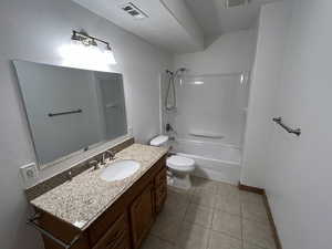Full bathroom with visible vents, vanity, shower / bathtub combination, toilet, and tile patterned floors