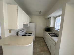 Kitchen with light countertops, stainless steel microwave, under cabinet range hood, white range with electric stovetop, and a sink