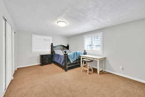 Bedroom featuring a textured ceiling, light carpet, baseboards, and a closet