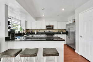 Kitchen featuring stainless steel appliances, a textured ceiling, tasteful backsplash, and a peninsula