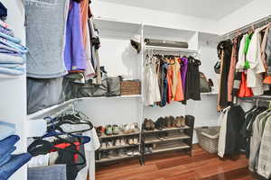 Walk in closet with wood finished floors