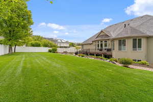 View of yard with a fenced backyard and a deck