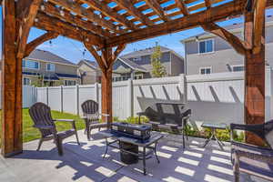 View of patio featuring a fenced backyard, a pergola, and a residential view