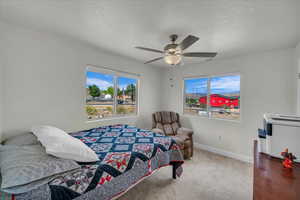 Bedroom featuring carpet flooring, a textured ceiling, baseboards, and ceiling fan