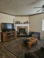 Living room with ornamental molding, wood finished floors, a fireplace, ceiling fan, and a textured ceiling