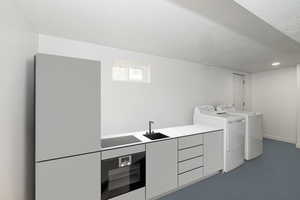 Laundry room featuring cabinet space, a sink, a textured ceiling, recessed lighting, and washer and clothes dryer