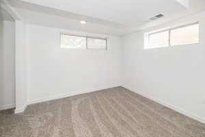 Below grade area with carpet floors, a textured ceiling, visible vents, and baseboards