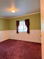 Empty room featuring crown molding, baseboards, dark carpet, and a textured ceiling