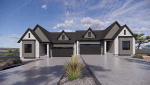 Modern farmhouse with a garage and concrete driveway