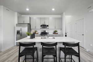 Kitchen featuring a sink, appliances with stainless steel finishes, gray cabinets, and light wood-style flooring