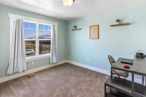 Office space featuring baseboards, carpet, and visible vents