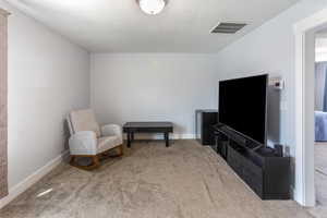 Living area with visible vents, carpet, and baseboards