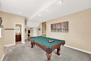 Game room featuring baseboards, pool table, recessed lighting, and light colored carpet