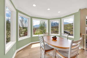 Sunroom with baseboards, a mountain view, wood finished floors, and a wealth of natural light