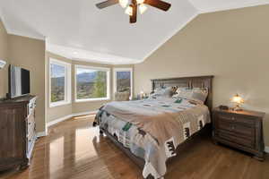 Bedroom featuring crown molding, baseboards, wood finished floors, and lofted ceiling