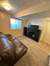 Carpeted living area with baseboards and a textured ceiling
