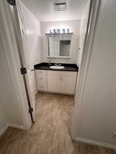 Bathroom featuring visible vents, a textured ceiling, baseboards, and vanity