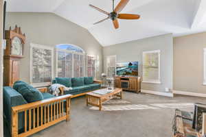 Living area with baseboards, a ceiling fan, carpet, and a wealth of natural light