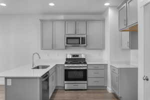Kitchen with gray cabinets, a sink, a peninsula, stainless steel appliances, and recessed lighting