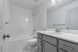 Full bathroom with vanity, visible vents, marble finish floor, toilet, and shower / bath combination
