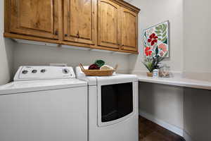 Laundry room with cabinet space, baseboards, and washer and clothes dryer