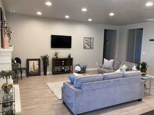 Living area featuring recessed lighting, baseboards, and light wood-type flooring