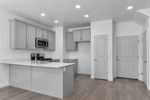 Kitchen featuring a peninsula, wood finished floors, baseboards, appliances with stainless steel finishes, and gray cabinetry