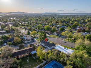 Aerial view at dusk with a mountain view