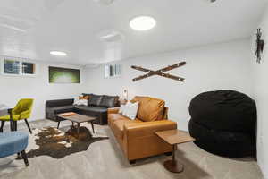 Basement Living area featuring natural light, baseboards and carpet.