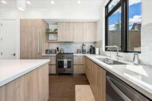Kitchen with light brown cabinetry, open shelves, appliances with stainless steel finishes, a sink, and modern cabinets