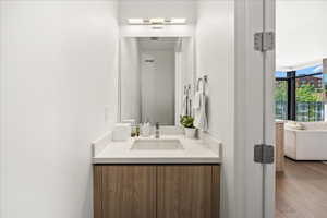 Bathroom with vanity and wood finished floors