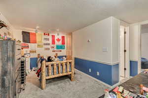 Bedroom featuring carpet floors, a textured ceiling, and track lighting