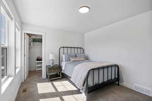 Carpeted bedroom featuring baseboards, visible vents, and a spacious closet