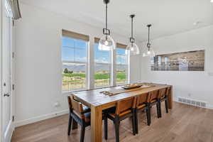 Dining space with baseboards, visible vents, and light wood-type flooring