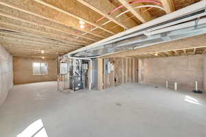 Basement with heating unit and electric panel