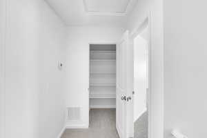 Walk in closet with attic access, visible vents, and carpet