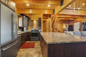 Kitchen with beam ceiling, dark brown cabinets, open floor plan, wood ceiling, and appliances with stainless steel finishes
