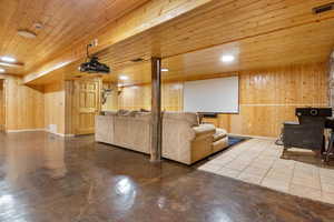 Living area with visible vents, wood walls, baseboards, and wood ceiling