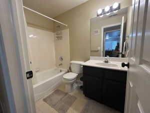 Full bath with toilet, visible vents, tile patterned flooring, and vanity