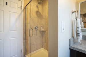 Full bath with vanity and a shower stall