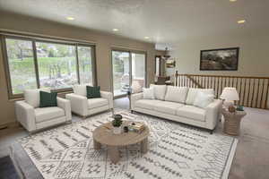 Virtual staging: Family room with carpet flooring, recessed lighting, and large windows