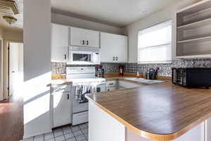 Kitchen featuring decorative backsplash, white cabinetry, a peninsula, and white appliances
