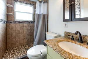 Bathroom with vanity, toilet, and a shower stall