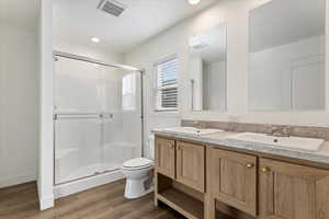Bathroom with visible vents, a sink, a stall shower, and toilet