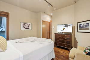 Bedroom with dark wood-style flooring, a closet, and rail lighting