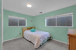Carpeted bedroom featuring visible vents and baseboards
