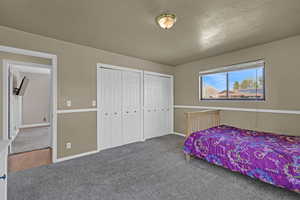 Bedroom with baseboards, a textured ceiling, carpet, and two closets