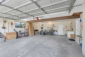 Garage with fridge and a garage door opener