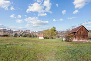 View of yard featuring an outdoor structure, a mountain view, and a storage unit