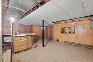 Finished basement featuring a bar, wood walls, carpet, and a drop ceiling
